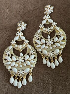 J.Crew Ivory Floral Chandelier Earrings Gold Tone Statement Bridal Boho